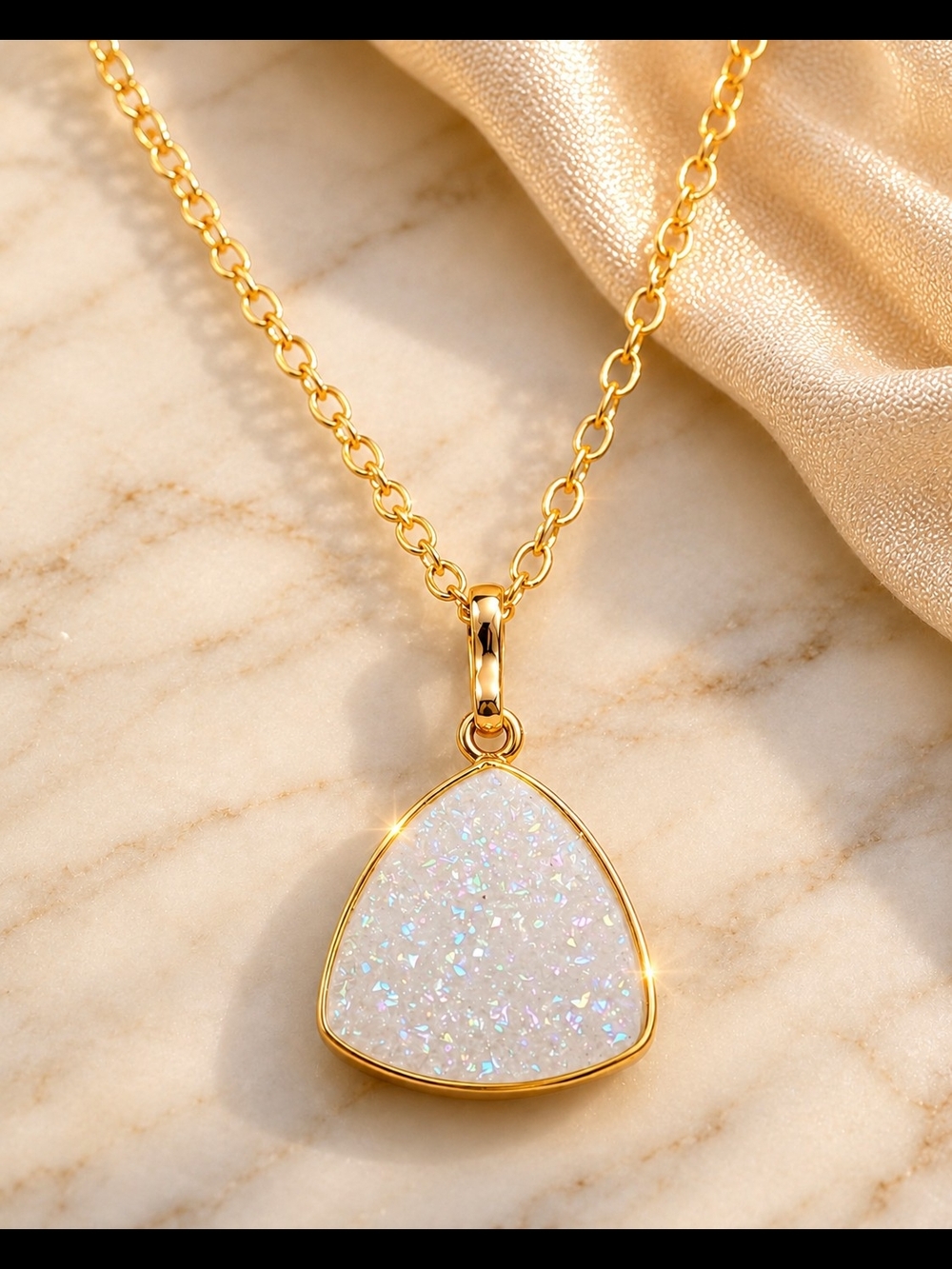 Natural White Druzy Trillion Necklace 24K Gold Plated Dainty Jewelry Gift